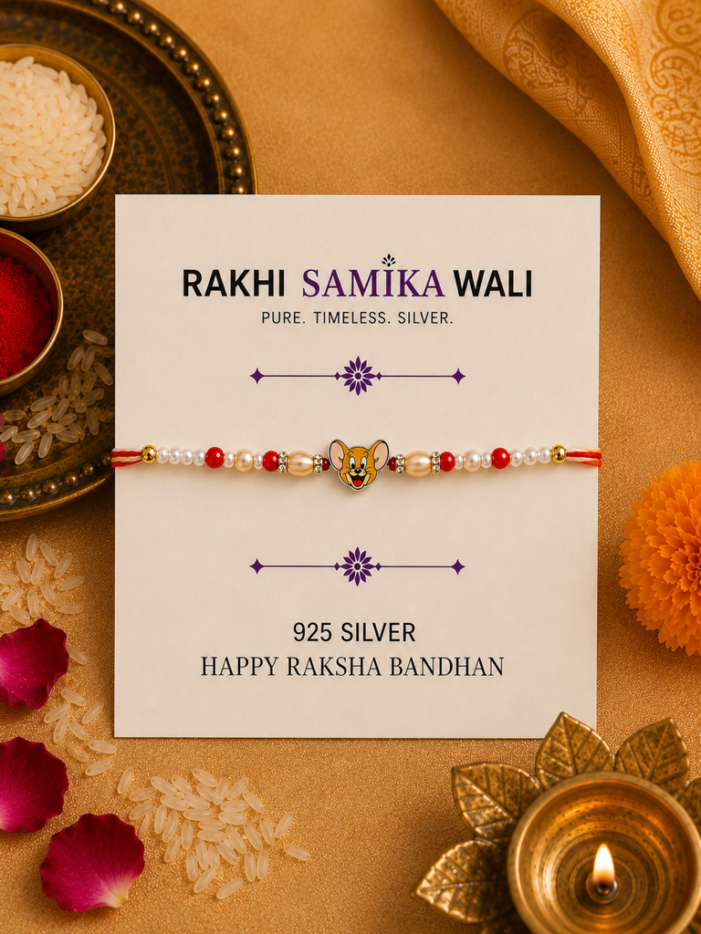 925 Sterling Silver Jerry Cartoon Kids Rakhi With Roli-Chawal Set : SMK-RKH-011