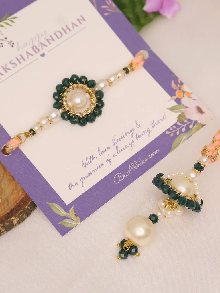 Teal Pearl Bhai Bhabhi Rakhi Lumba Set With Roli Chawal Capsules : ACJR203-ACRL203