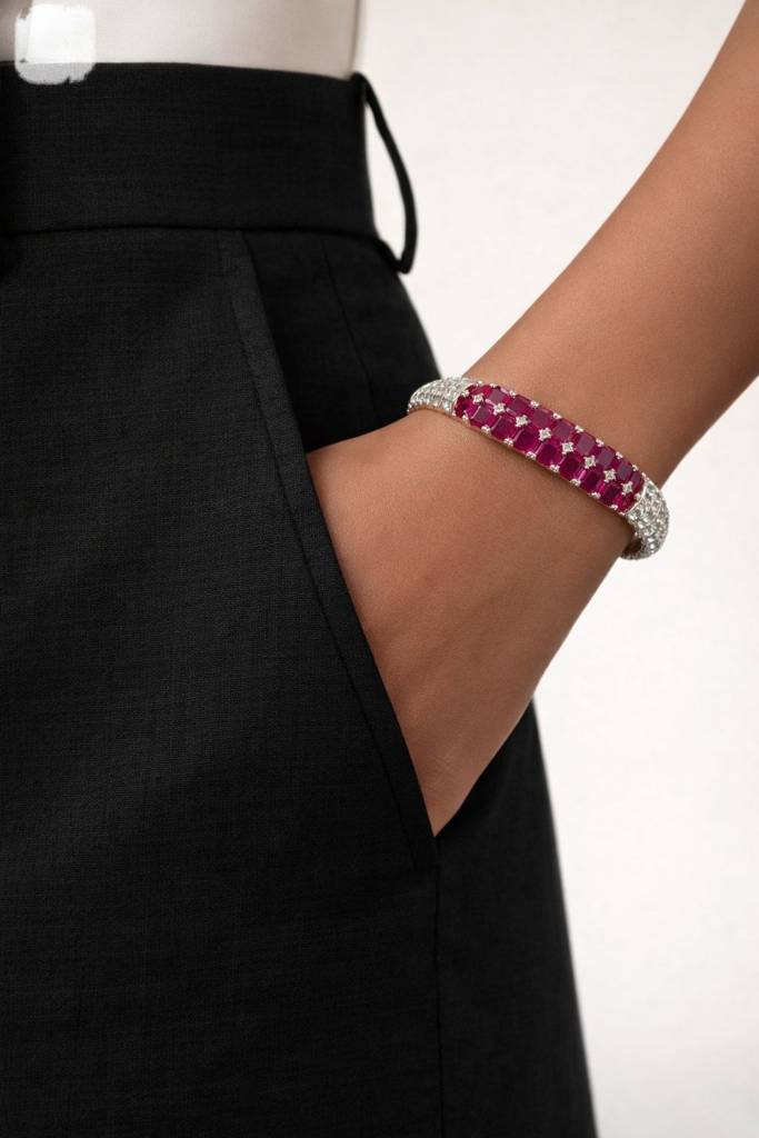 Premium Ruby And American Diamond Baguette Openable Kada Bracelet : 400051