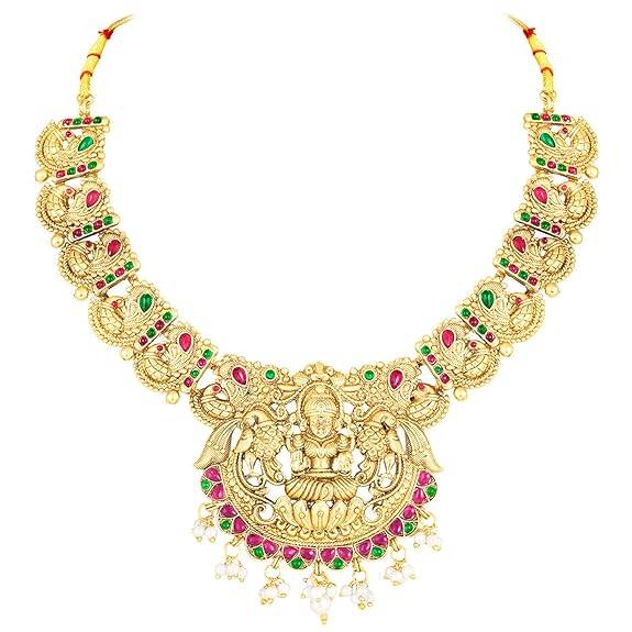 Short & Long Necklace Earrings Bridal Set For Women Gold Plated Faux Ruby Emerald Traditional Maharani Haar Sout : PF47BR12RPG