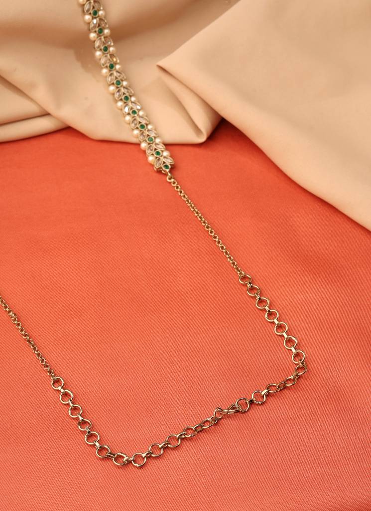 Traditional Paisley And Leaf Design Pearl Green Kundan Stone Antique Gold Plated Kamarband For Women And Girls : 6BL65_GREEN