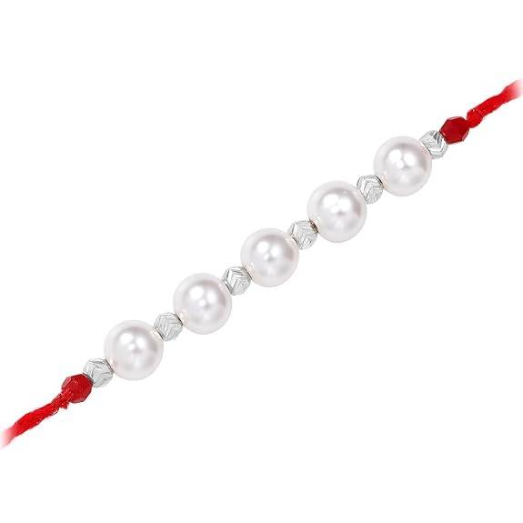 Mens 925 Sterling Silver Pearls Studded Rakhi For Brother Bhaiya|Red Thread|Raksha Bandhan Hamper With Roli Chawal &  : R18S13