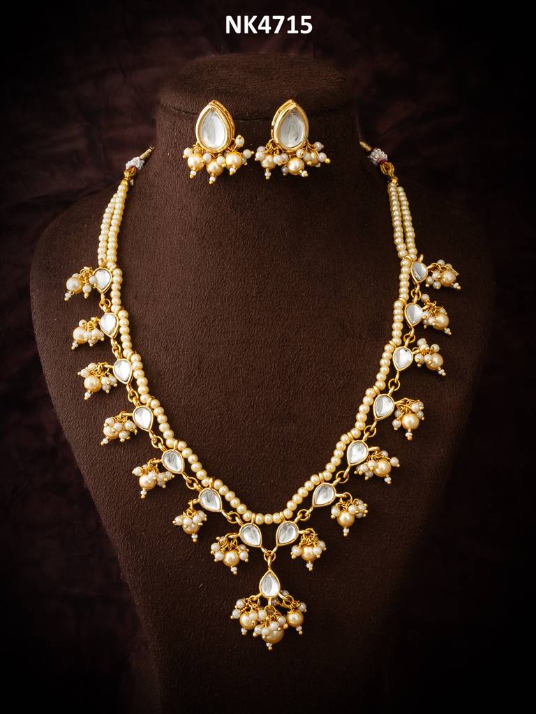 Gold Plated White Beads Kundan Bridal Necklace Set : NK4715
