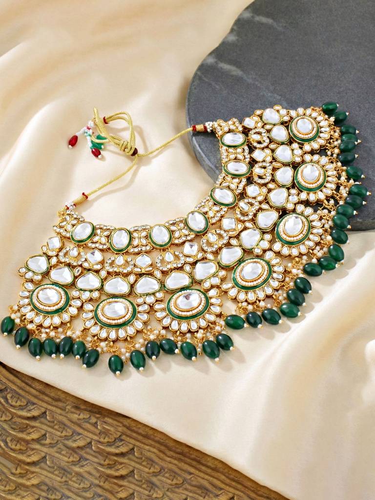 Traditional Kundan White Stone Jewellery Set For Women | Green Meenakari Gold Plated  Ethnic Necklace Set Wi : 4125-IZR-2414-G