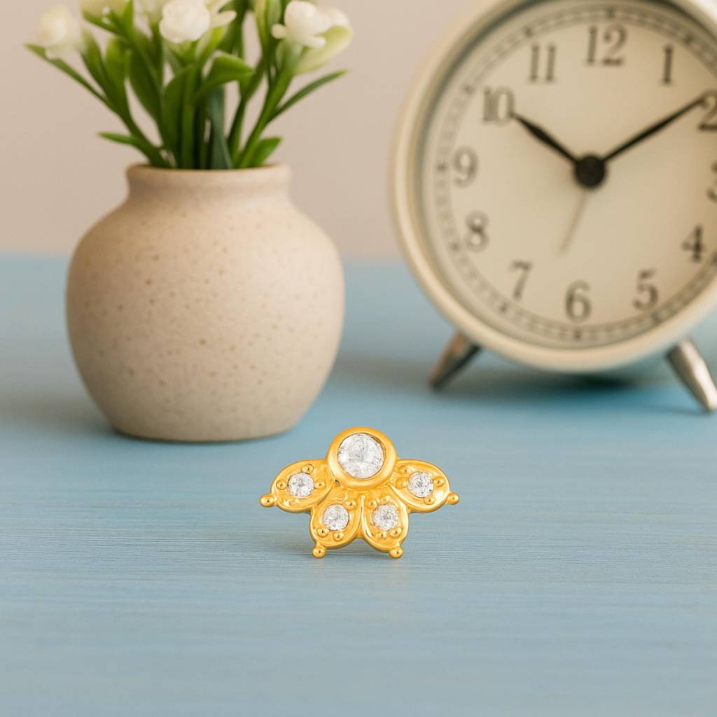 Cz Floral Nose Pin - Sterling Silver Gold Plated : NP00043_925S_YG_WCZ