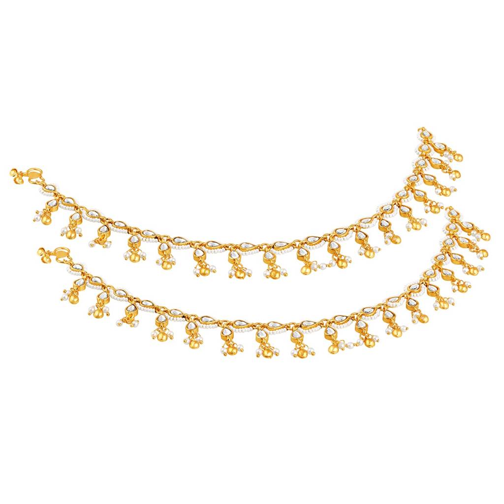 Gold Plated White Kundan & Beads Studded Ethnic Anklet Traditional Payal Jewellery For Women : PF104AL03W