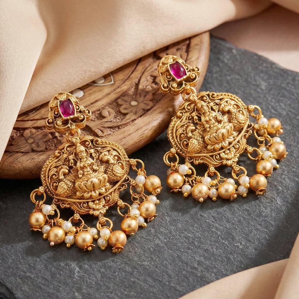 Traditional Antique Gold-Tone Temple Jewellery Set With Goddess Lakshmi Pendant & Earrings | Choker Style Ne : 1122-ISR-2178-R