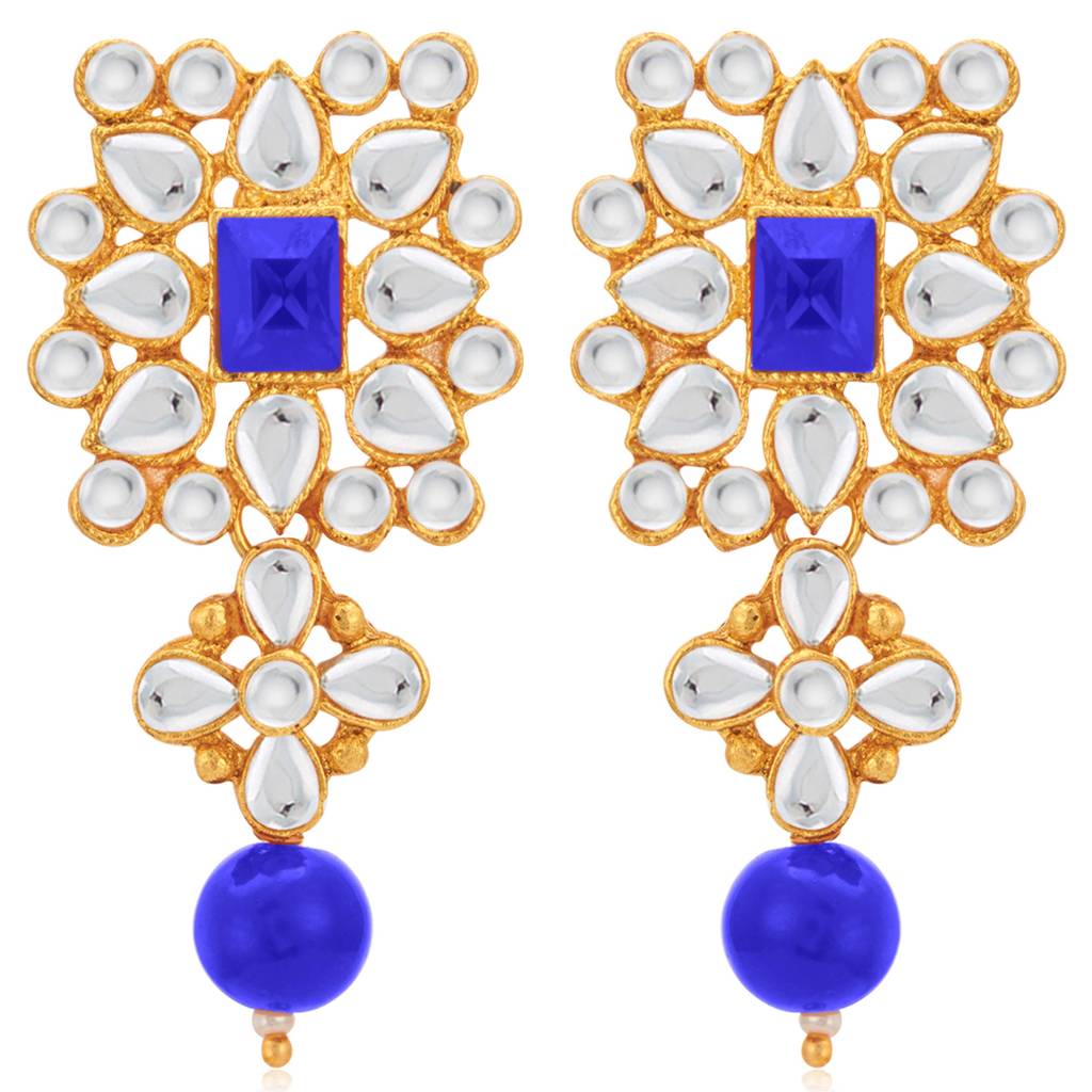 Blue Gold Plated Brass Indian Traditional Kundan Faux Pearl Choker Necklace With Earrings Jewellery Set For Women  : PF37N224B