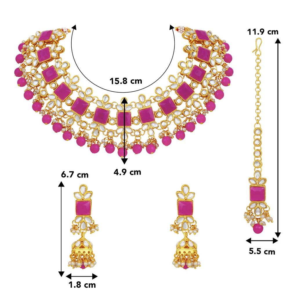 Peora Gold Plated Kundan Pearl Choker Necklace Earrings Maang Tikka Set Ethnic Jewellery For Girls & Women (Rani P : PF24N13RP