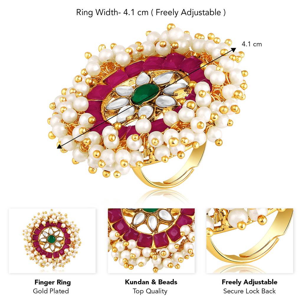 Peora Gold Plated Rani Pink Green Kundan & Beads Studded Adjustable Finger Ring Ethnic Jewellery Gift For Women  : PF104R06RPG