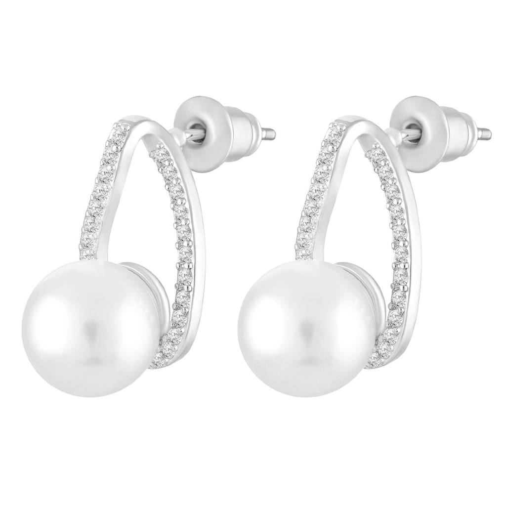 White Fancy Stud Earrings For Women & Girls | Silver Plated | Cubic Zirconia & Pearl Studded | Stylish Contemporar : PX9E3040W