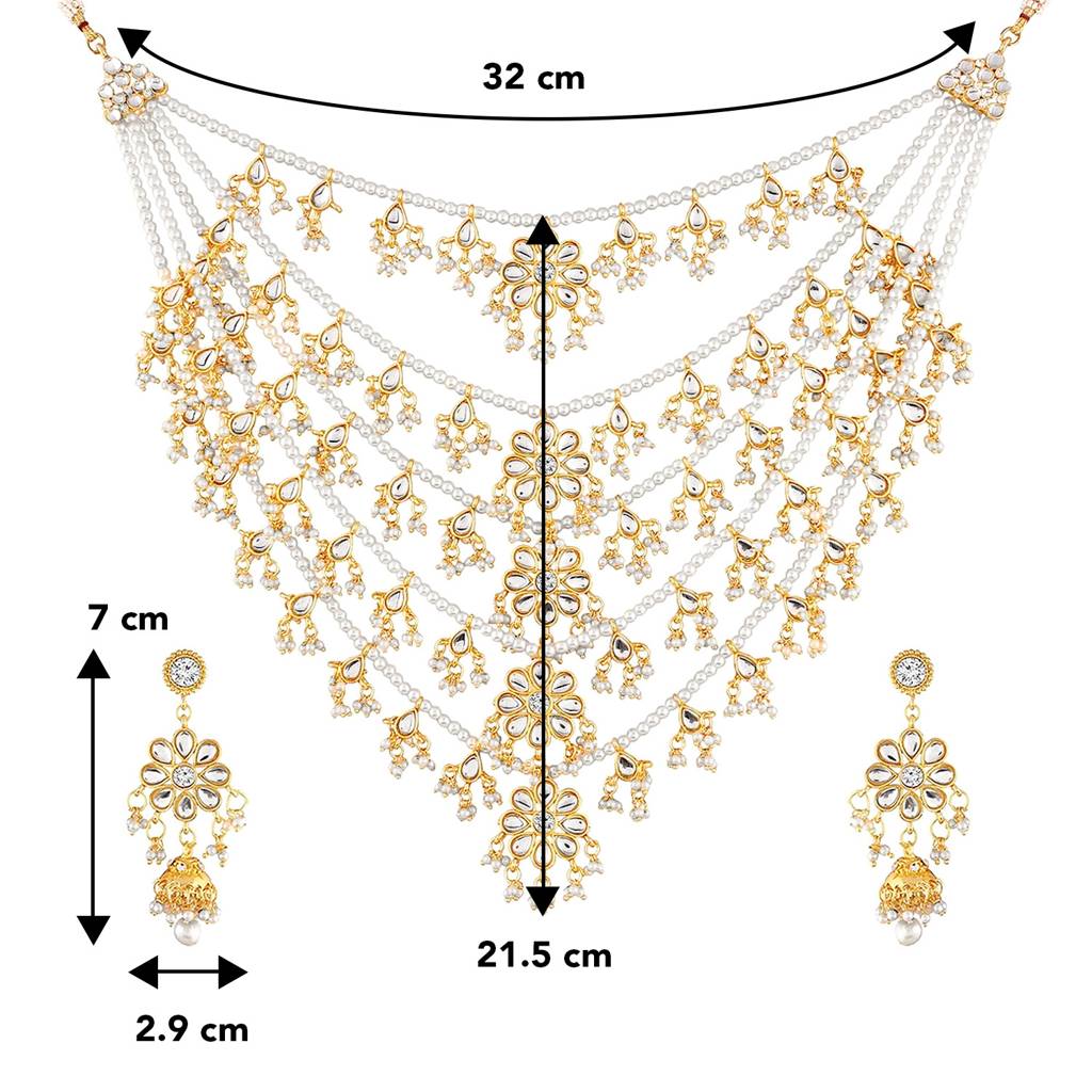 Peora 18K Gold Plated Traditional Kundan Pearl Floral Layered Long Necklace With Earring Jewellery Set For Women : PF37NM4080W