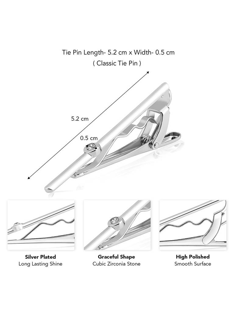 Peora Silver Plated Cubic Zirconia Studded Classic Tie Pin For Men Business Formal Accessories For Him : PX9T21