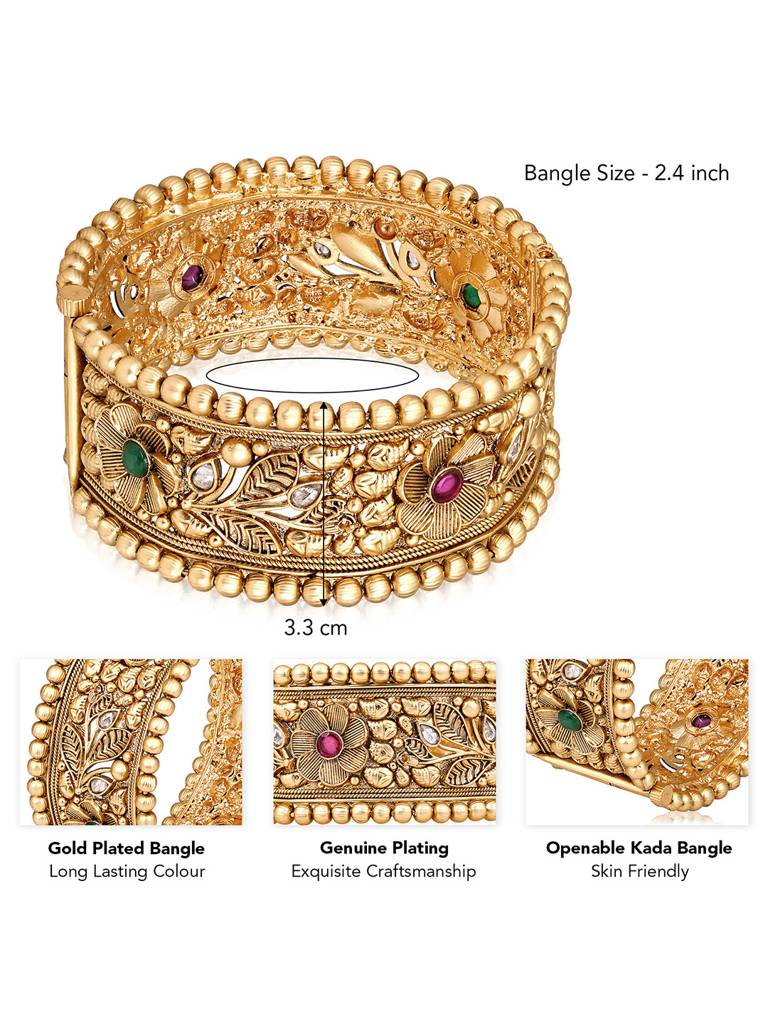 Peora Gold Plated Synthetic Stone Studded Thick Single Piece Openable Floral Design Kada Bangle Traditional Jew : PF74B90-S1-4