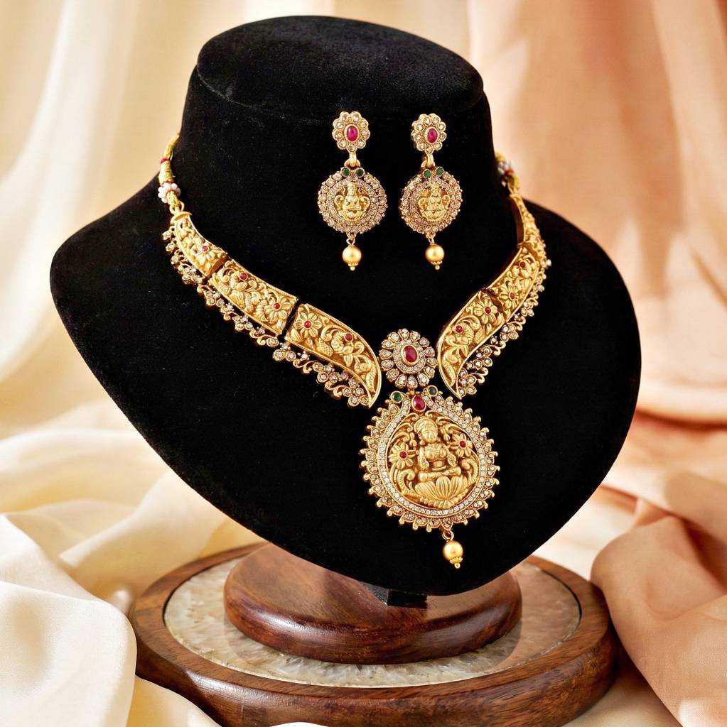 Traditional Antique Gold-Tone Temple Set With Goddess Lakshmi Pendant & Earrings. Designer Necklace With Rub : 1122-ISR-2179-R