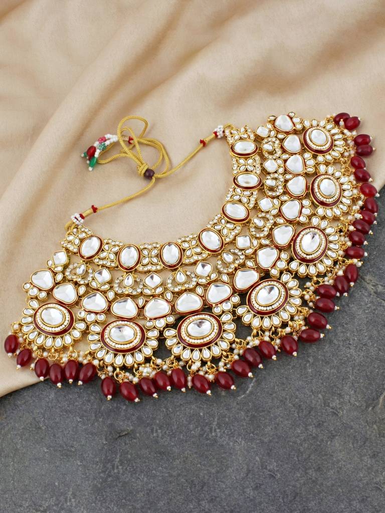 Traditional Kundan White Stone Jewellery Set For Women | Maroon Meenakari Gold Plated  Ethnic Necklace Set W : 4125-IZR-2414-M