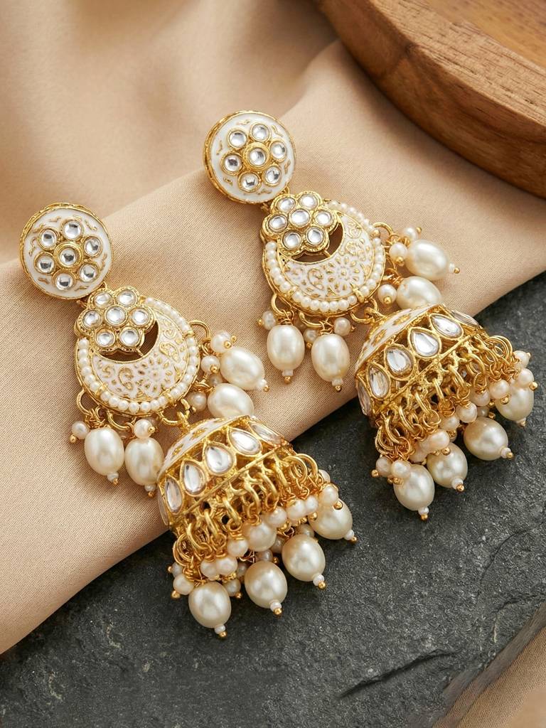 Gold Plated Kundan White Beads Choker Jewellery Set For Women | White Meenakari Bridal Ethnic Necklace Set W : 4554-IZS-0003-W