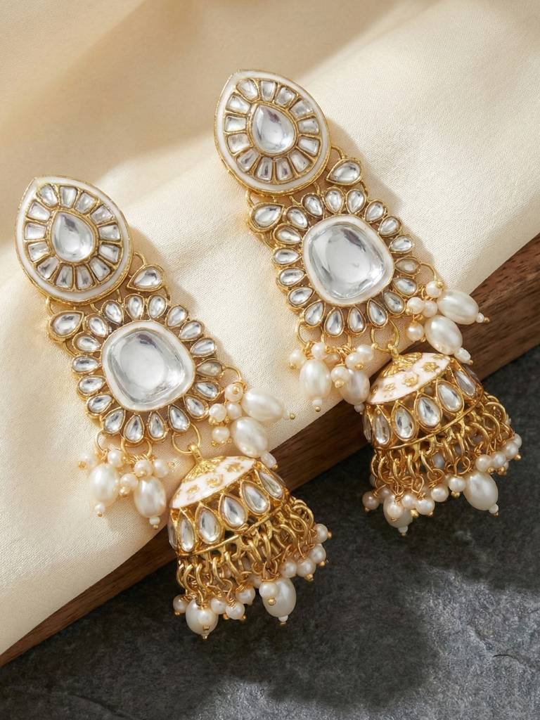 Bridal Kundan Necklace Jewellery Set For Women | White Meenakari Gold Plated Ethnic Jewellery With Jhumk : 4125-IZR-005-W-2026