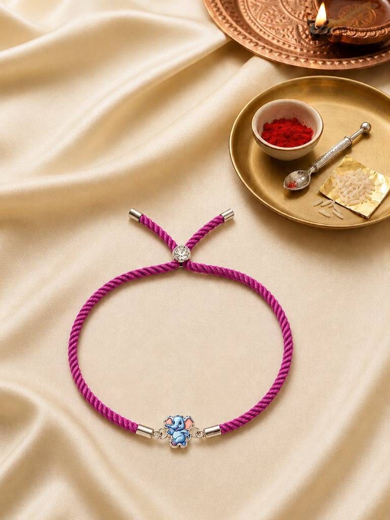 925 Sterling Silver Elephant Designer Kids Rakhi With Roli-Chawal Set : SMK-RKH-022