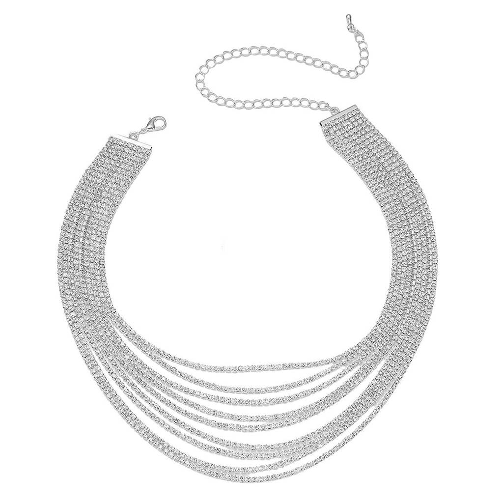 Silver Plated Cubic Zirconia Studded Multi-Layered Stylish Necklace With Drop Earrings Set Fashion Jewellery For Wo : PX9N223S
