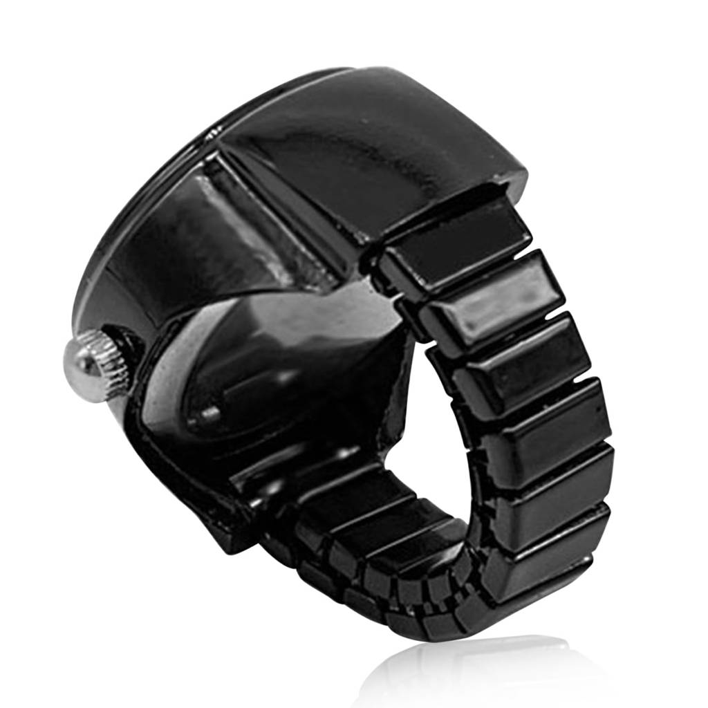 Stainless Steel Black Analog Watch Style Strechable Finger Ring Fancy Jewellery For Girls Women (Free Size) : PX9RW09BL