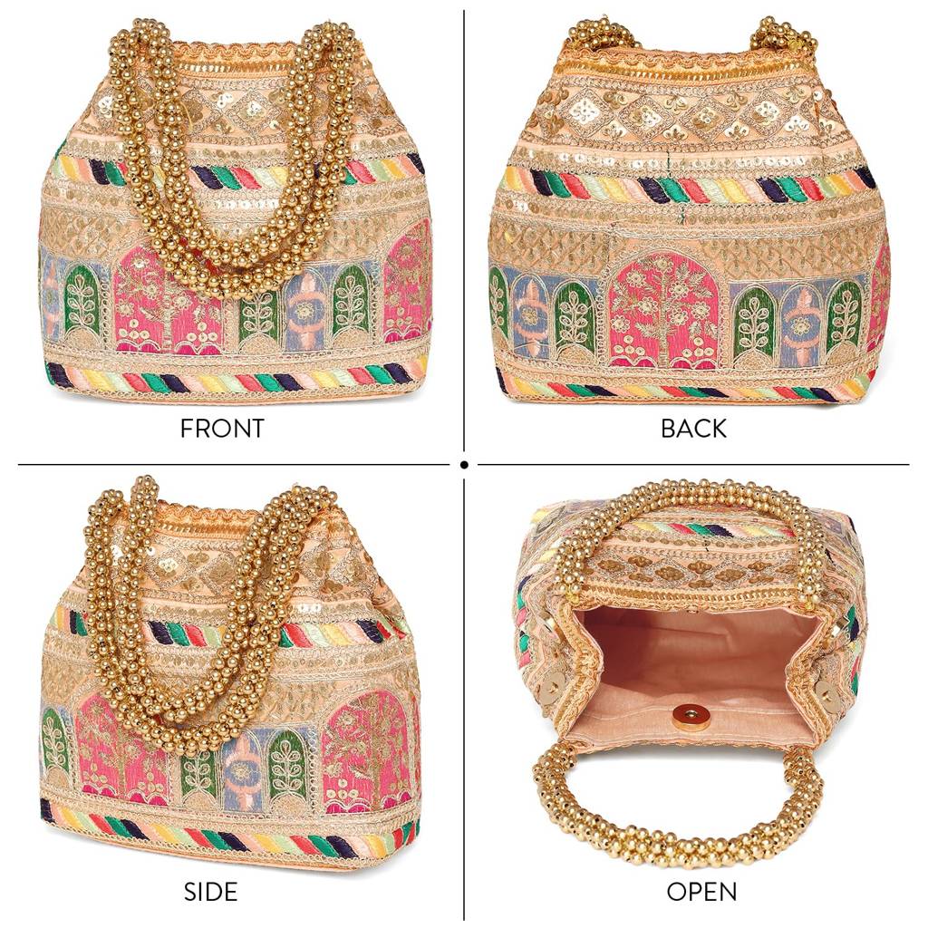 Embroidery Potli Bag For Women Handmade Wristlet Handbag Stylish Purse Ethnic Fashion Bag For Girls : P212PCH-L