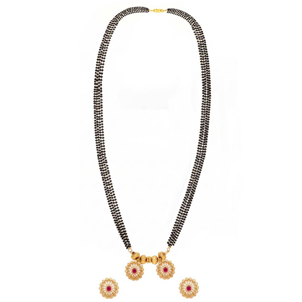 Traditional Gold Plated Mangalsutra Earrings Set For Women | Faux Ruby Studded | Festive & Bridal Jewellery : PF04MS15RG