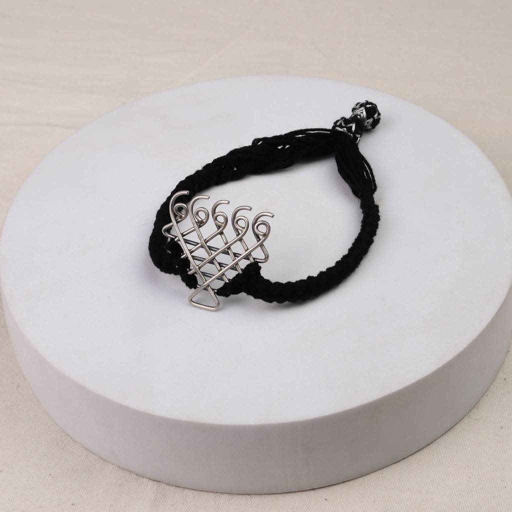 Silver Saraswati Bracelet For Men With Bl : Silver_Saraswati_Bracelet_for_Men_Women_with_Black_Thread_Motif_size_Medium_July25