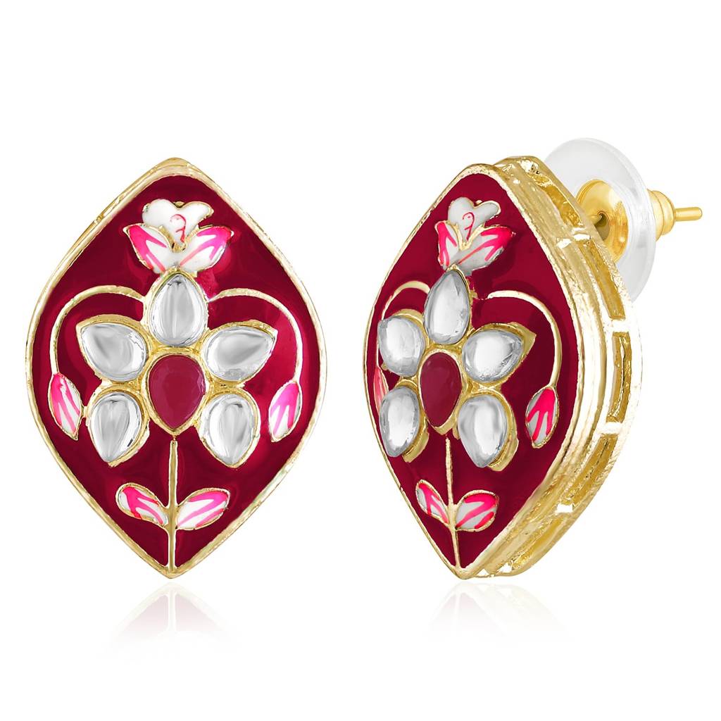 Gold Plated White Synthetic Stone & Beads Studded Meenakari Necklace Stud Earrings Jewellery Set For Women Girls : PF04NK2604RP