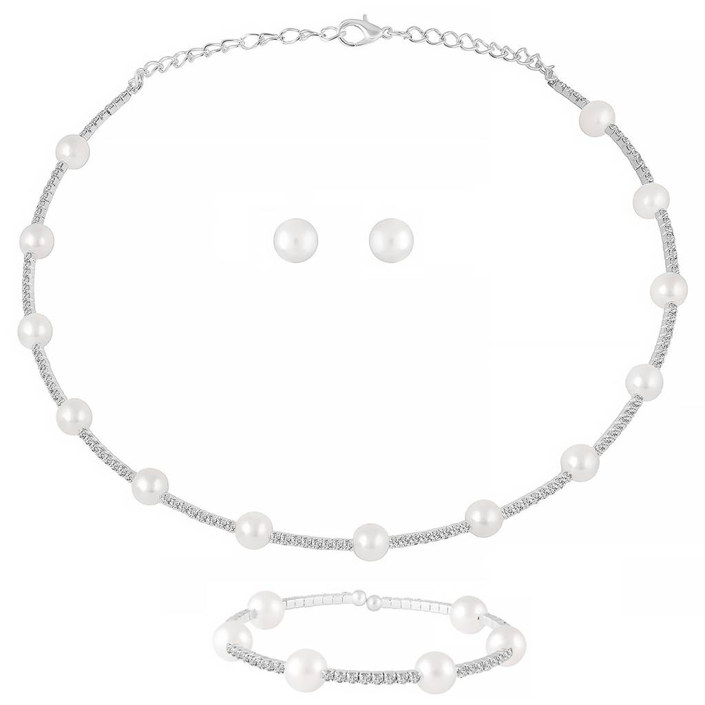 White Stylish Floral Necklace Earrings Bracelet Set For Women & Girls Silver Plated Cz & Pearl Studded Festive Fanc : PX9N216W