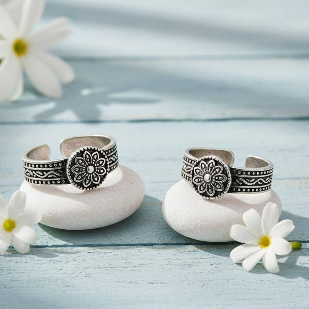 Floral Mandala Adjustable Toe Ring - Sterling Silver Oxidized : Toe-0001