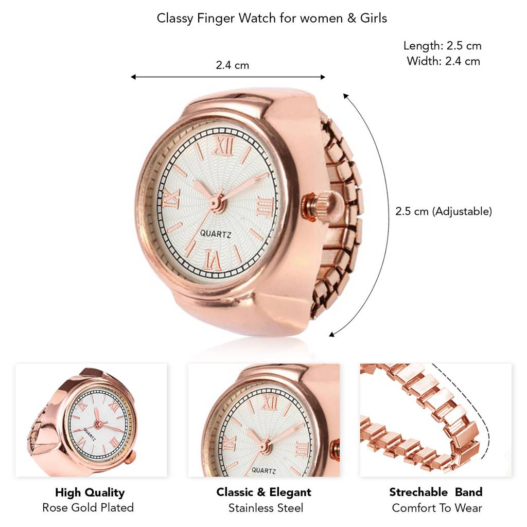 Peora Stainless Steel Rose Gold Analog Watch Style Strechable Finger Ring Fancy Jewellery For Girls & Women (Free S : PX9RW05C