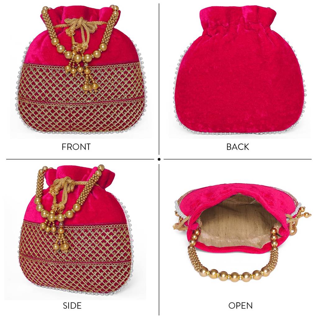 Zari Sequence Potli Bag With Beads Motif Handle For Women Handmade Handbag Stylish Bride Fashion Wristlet Bag For G : P197RP-F