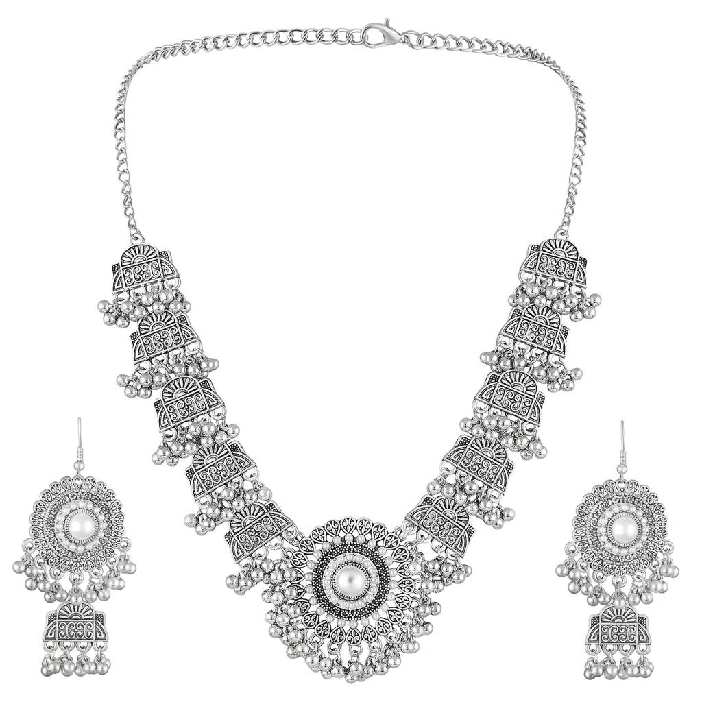 Ethnic Oxidised Necklace Earrings Set For Women & Girls Pearl & Beads Studded Festive Stylish Design Jewellery Gif : PX9N166OX
