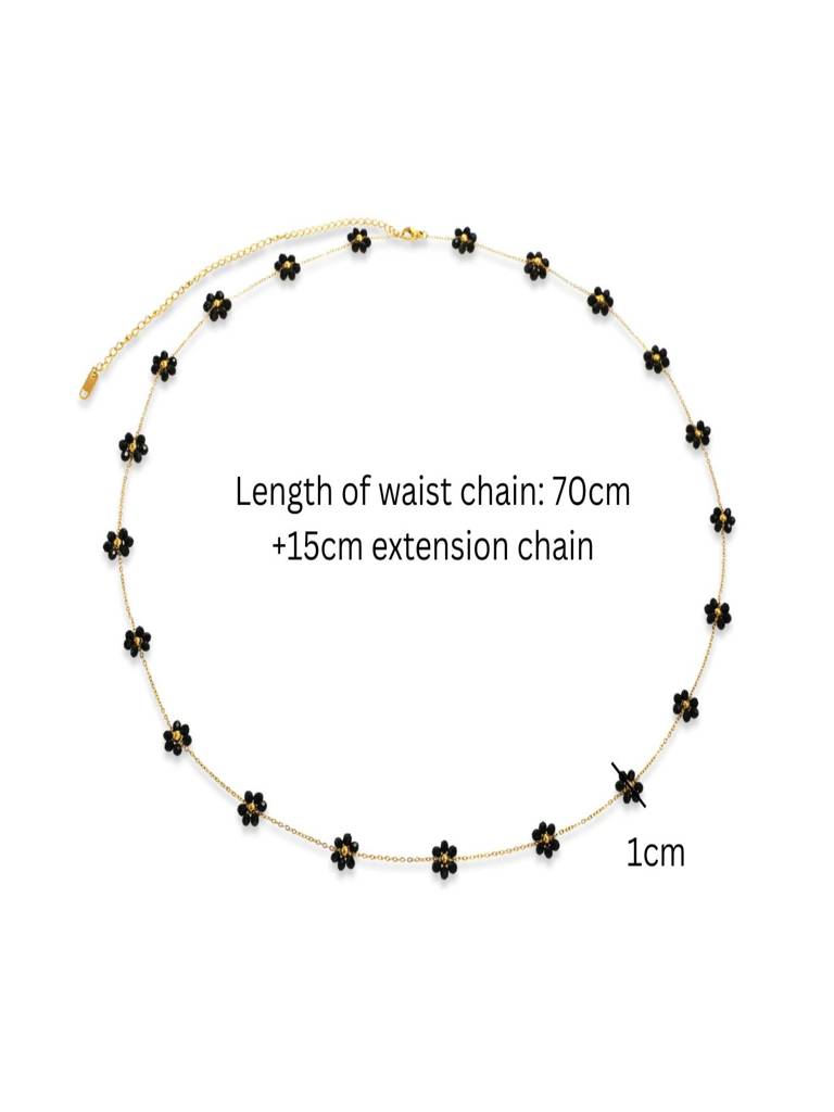 Black Floral Beads Waist Chain & Bracelet Set, 18K Plated Waterproof Antitarnish : ADZ0925WCB71C2