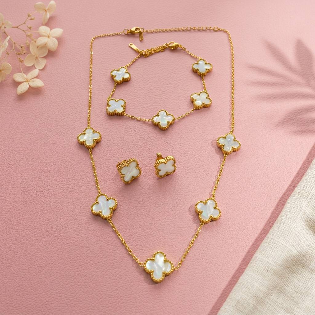 Gold Plated Clover Charm Necklace & Stud Earrings Set : STNEC-1299-A8134