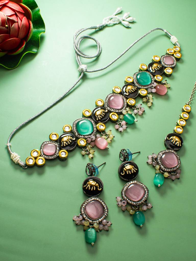 Oxidized Silver Elephant Motif Choker Necklace Set With Catseye Stones, Earrings And Maang Tikka : NK4266