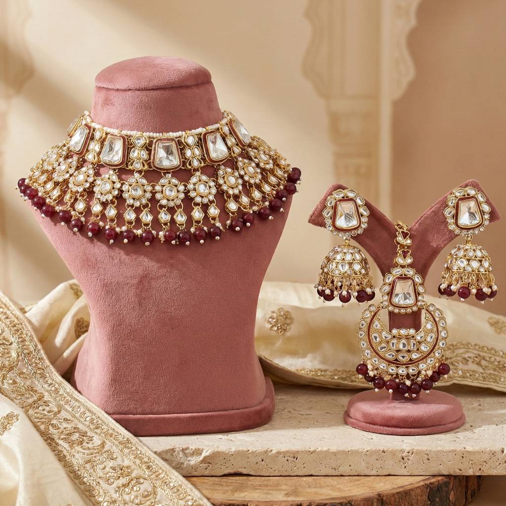 18 Kt Gold Plated Bridal & Semi-Bridal Necklace Set With Earrings, Maang Tikka & Nath : 2476-M8SK-1101-M