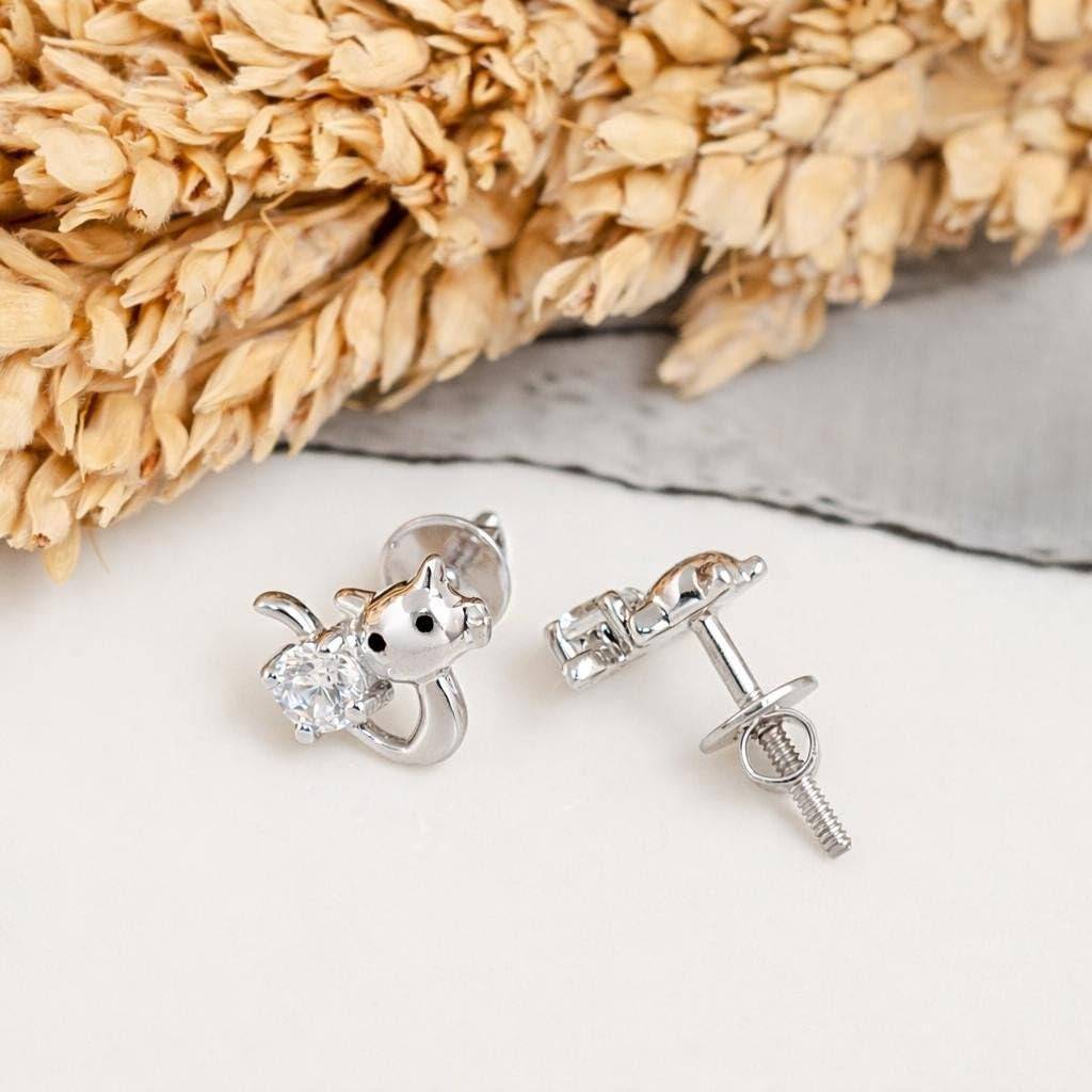 925 Silver Cat Stud Earrings Round Cz Pet : SE_000987