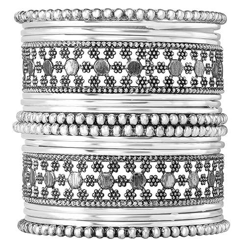 Traditional Silver Plated 2.6 Inch Metal Bangles Ethnic Fancy Stylish Fancy Jewellery Navratri Gift For Wome : PF34B1045S-S1-6