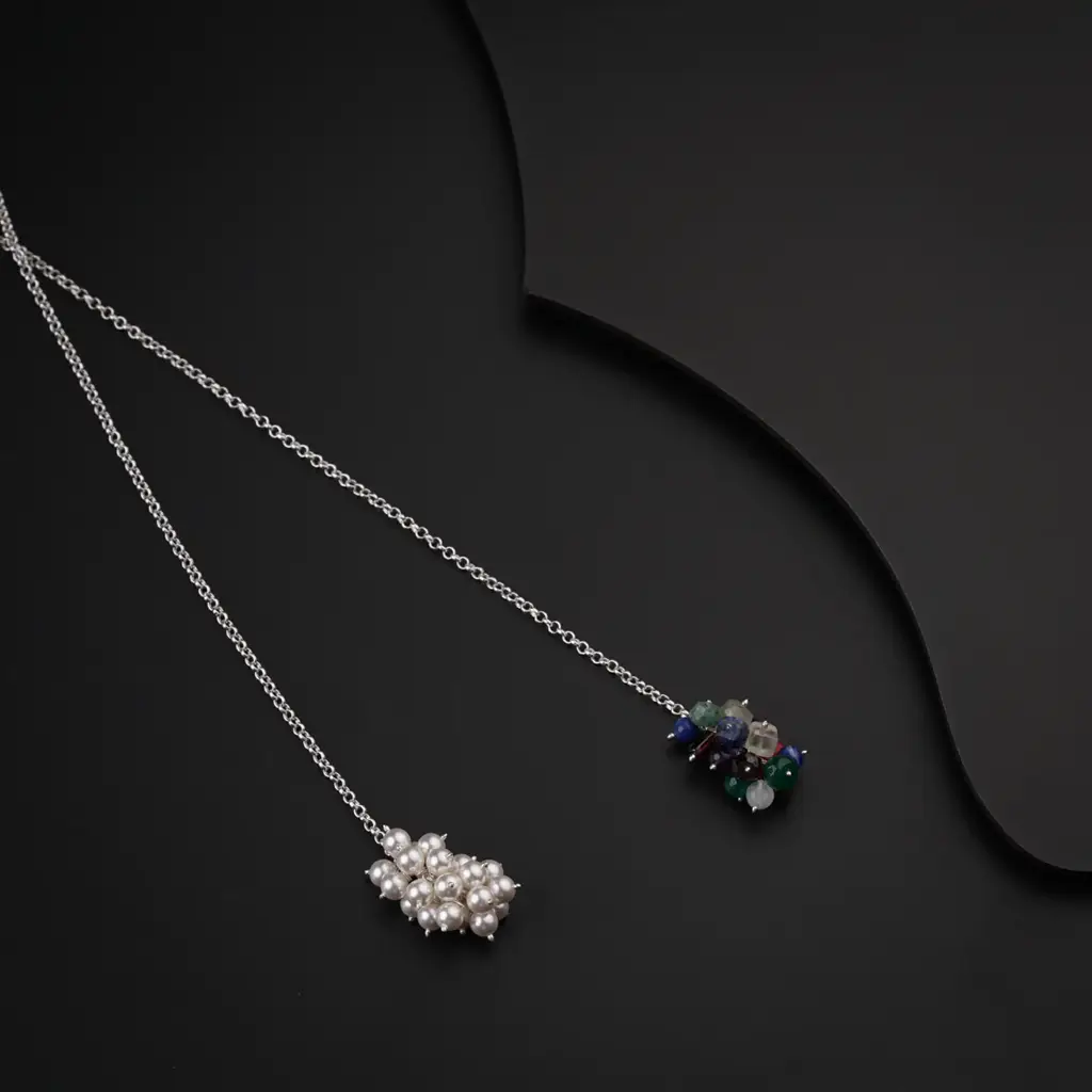 Silver Tie & Wear Necklace With Pearls & Semi Precious Stones : 92258455