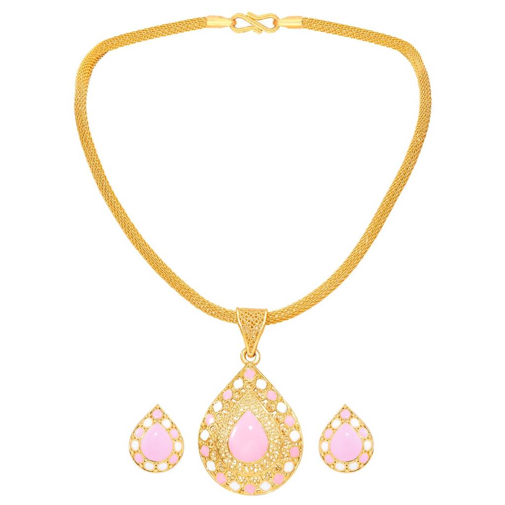 Gold Plated Ethnic Pink Crystal Pendant Chain Earrings Set For Women | Festive & Occasion Jewellery, Anniversary  : PF04N64LPK