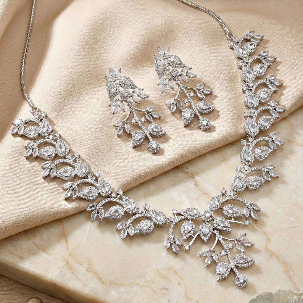 Silver-Tone American Diamond Necklace Set With Earrings For Women – Office, Party & Wedding Wear : 1948-K4SA-2241-W-S
