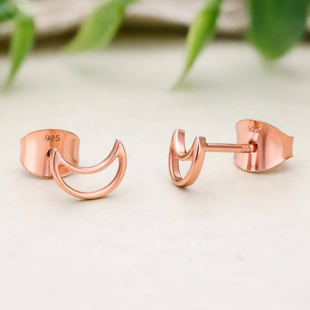925 Silver Crescent Moon Stud Earrings Rose Gold Finish Celestial : SE_000928