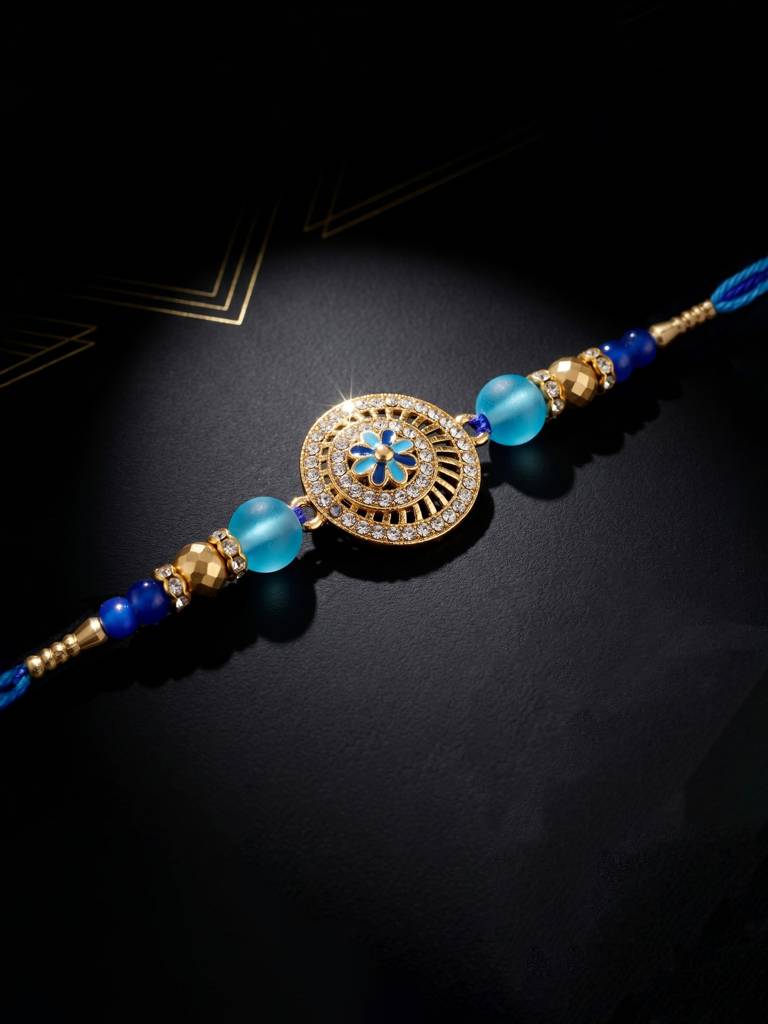 Lucky Jewellery Set Of 2 Rakhi With Peacock & Floral Pendants, Blue & Green Beads, Roli Chawal & Card (173-S : 173-S7R1-2317-2
