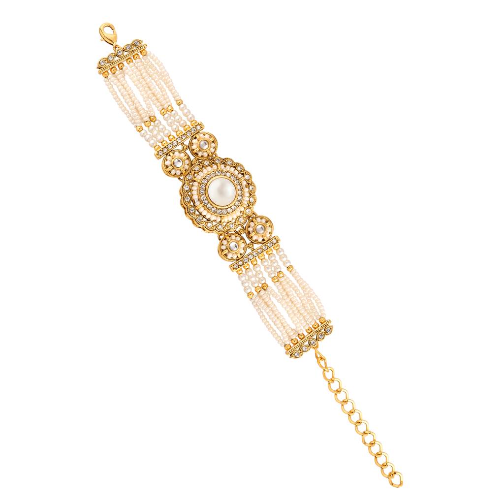 Kundan Opulance Light Pink Cz-Pearl Yellow Gold-Plated Bracelet : 8905124585490