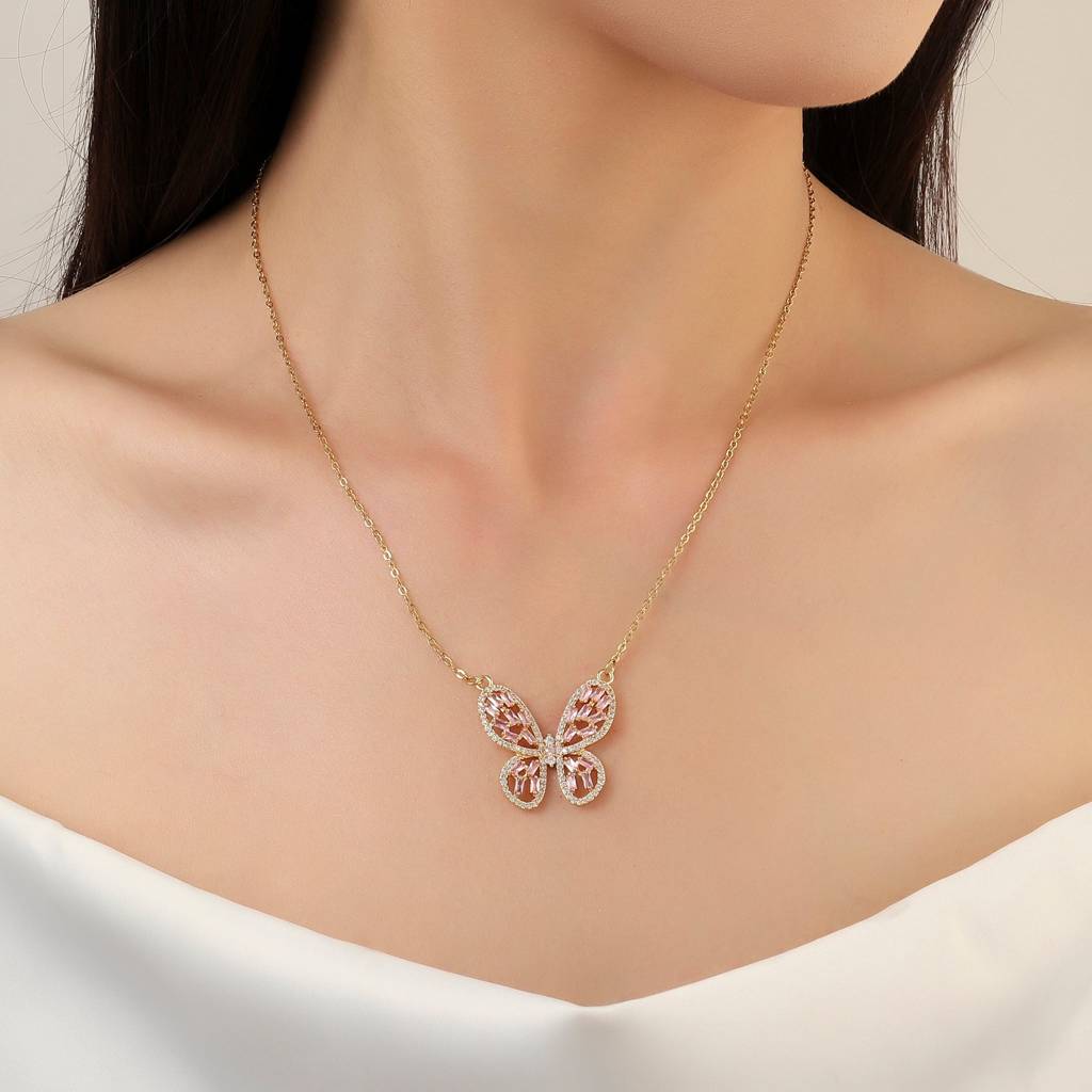 Irene Baguette Gold Butterfly Necklace : NS13791-G-PNK