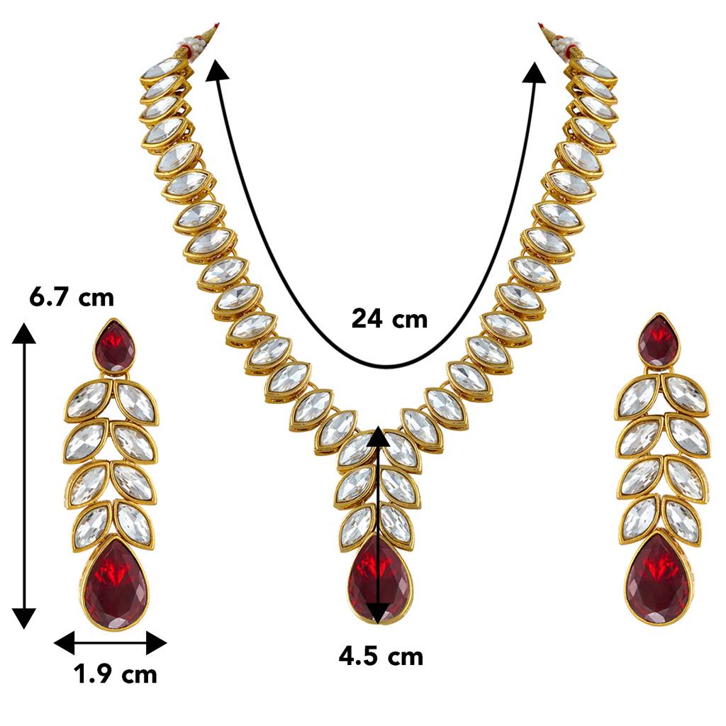 Peora Gold Plated Traditional Maroon Crystal Studded Long Necklace Earrings Jewellery Set For Women : PF24N15M
