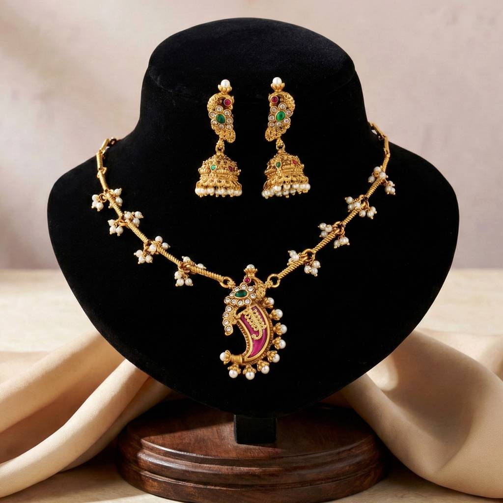 Traditional Gold-Tone Pendant Necklace Set With Jhumka Earrings | Pink Enamel Meenakari Detailing & Green St : 689-ISR-2182-RG