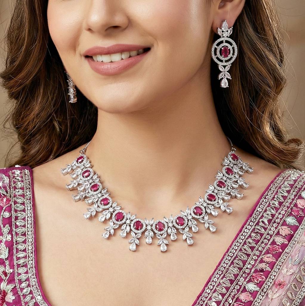 Silver-Tone American Diamond Necklace Set With Earrings For Women – Office, Party & Wedding Wear : 1717-K4SA-2242-R-S